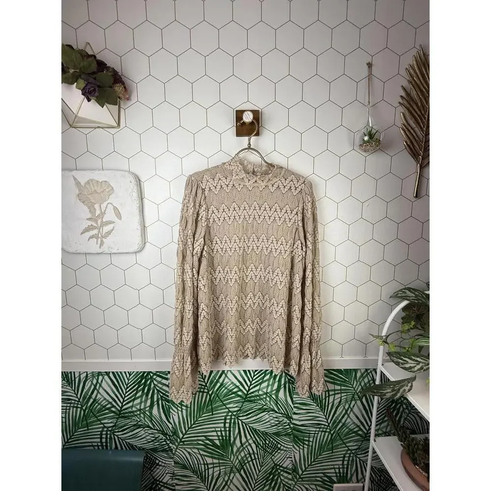 Free People Tan Lace Long Sleeve Tunic Top - Size - Medium